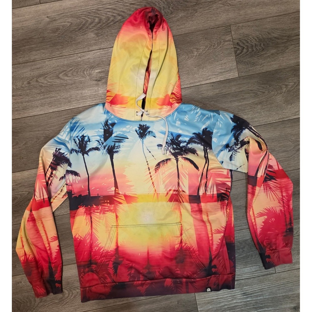 Into The AM Mens XL Hoodie Sunset Palm Tree Tropical Graphic Pullover Multi